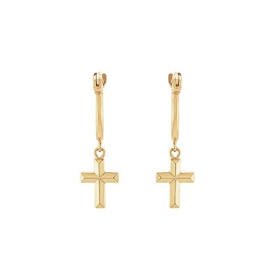 Everlasting Gold 10k Gold Tube Hoop Earrings with Dangle Cross