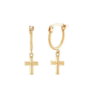 Everlasting Gold 10k Gold Tube Hoop Earrings with Dangle Cross