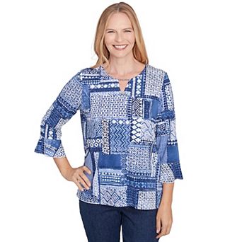 Petite Alfred Dunner Beaded Split Neck Patchwork Top