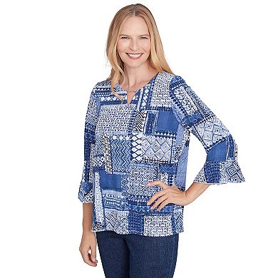 Petite Alfred Dunner Beaded Split Neck Patchwork Top
