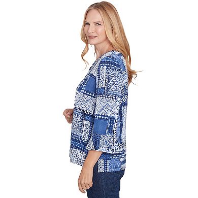 Petite Alfred Dunner Beaded Split Neck Patchwork Top