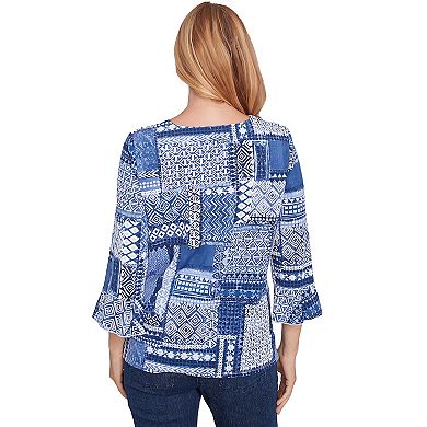 Petite Alfred Dunner Beaded Split Neck Patchwork Top