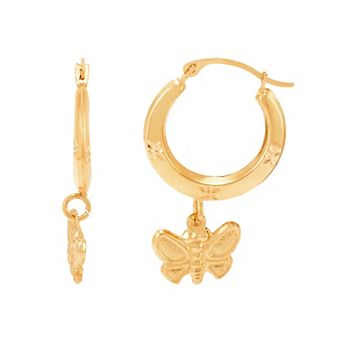 Everlasting Gold 10k Gold Diamond Cut Round Butterfly Hoop Earrings