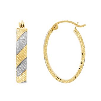 Everlasting Gold 10k Gold Diamond Cut Oval Rhodium Striped Hoop Earrings