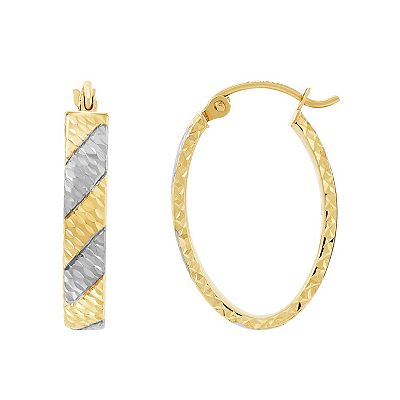 Everlasting Gold 10k Gold Diamond Cut Oval Rhodium Striped