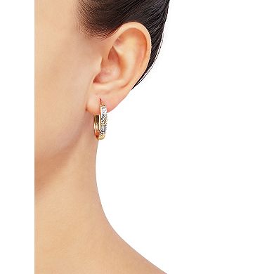 Everlasting Gold 10k Gold Diamond Cut Oval Rhodium Striped Hoop Earrings