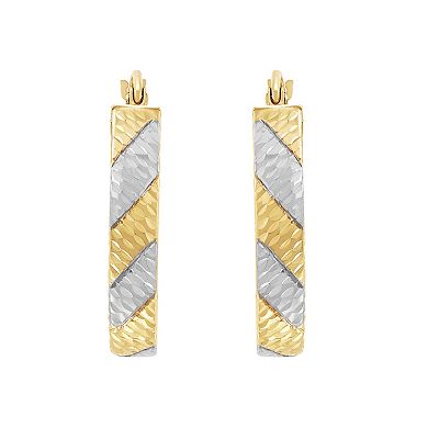 Everlasting Gold 10k Gold Diamond Cut Oval Rhodium Striped Hoop Earrings