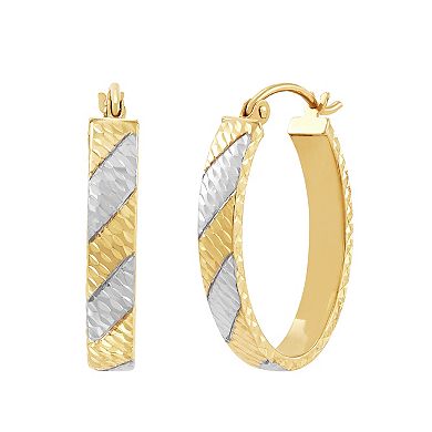 Everlasting Gold 10k Gold Diamond Cut Oval Rhodium Striped Hoop Earrings