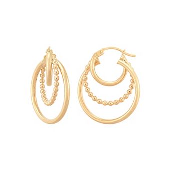 Everlasting Gold 10k Gold Beaded & Round Tube 3-row Graduated Hoop Earrings