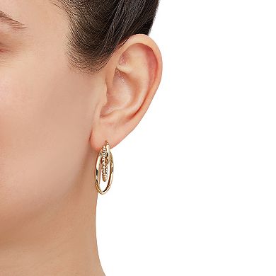 Everlasting Gold 10k Gold Beaded & Round Tube 3-row Graduated Hoop Earrings