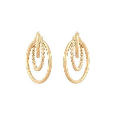 Everlasting Gold 10k Gold Beaded & Round Tube 3-row Graduated Hoop Earrings