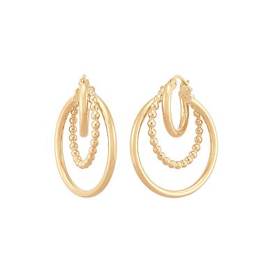 Everlasting Gold 10k Gold Beaded & Round Tube 3-row Graduated Hoop Earrings