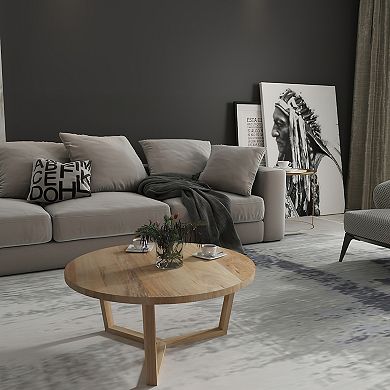 Nina 30 inch Round Mango Wood Coffee Table, Handcrafted Natural Brown, Sturdy 3 Leg Sled Base