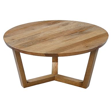 Nina 30 inch Round Mango Wood Coffee Table, Handcrafted Natural Brown, Sturdy 3 Leg Sled Base