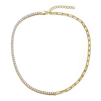 14k Gold Plated Cubic Zirconia Half Tennis Half Link Necklace