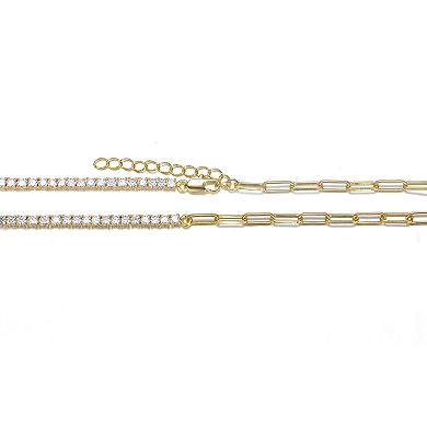 14k Gold Plated Cubic Zirconia Half Tennis Half Link Necklace