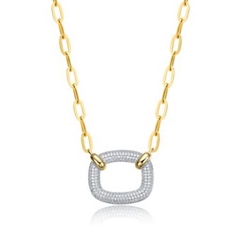 14k Gold Plated Cubic Zirconia Square Link Pendant Necklace