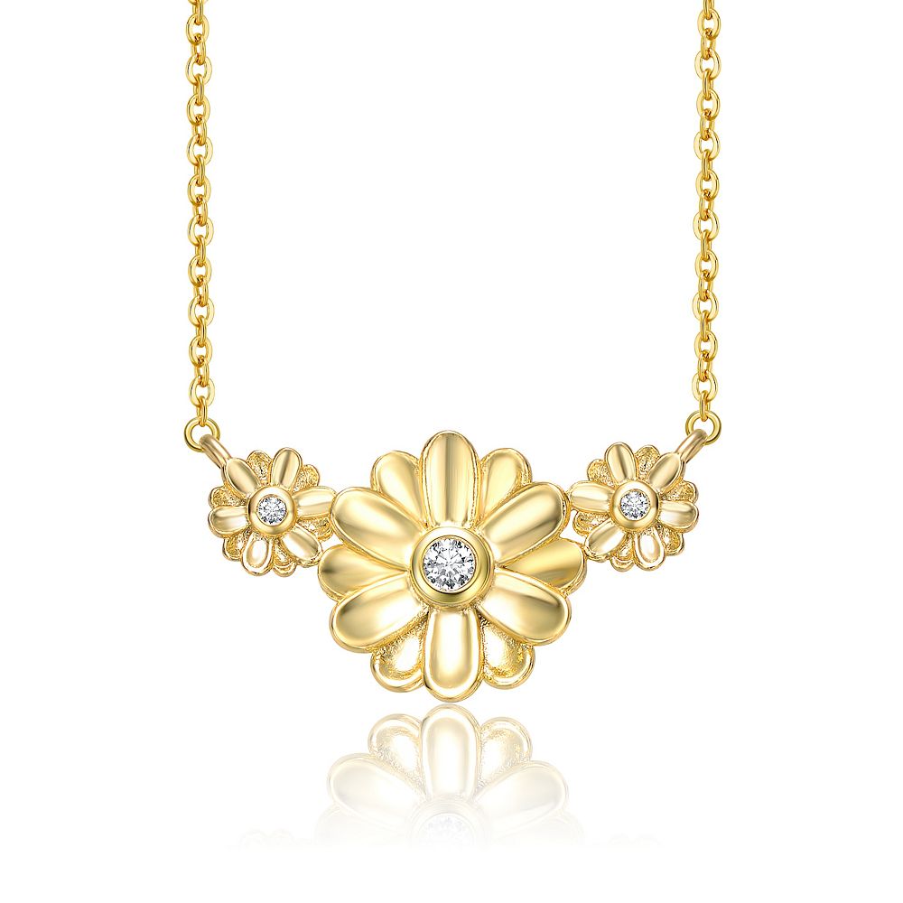 14k Gold Plated Cubic Zirconia Triple Daisy Chevron Pendant Necklace
