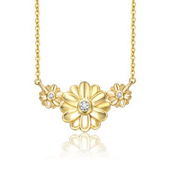 14k Gold Plated Cubic Zirconia Triple Daisy Chevron Pendant Necklace