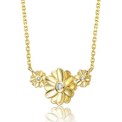 14k Gold Plated Cubic Zirconia Triple Daisy Chevron Pendant Necklace