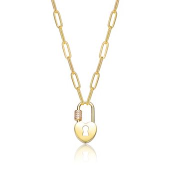 14k Gold Plated Cubic Zirconia Heart Lock Charm Necklace