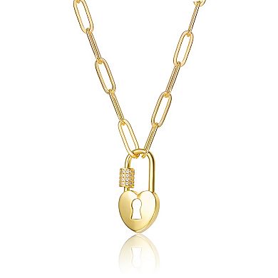 14k Gold Plated Cubic Zirconia Heart Lock Charm Necklace