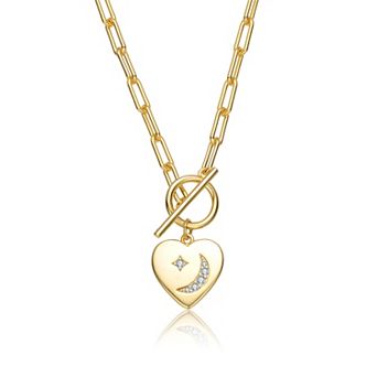 14k Gold Plated Cubic Zirconia Heart & Moon Charm Necklace