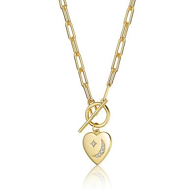 14k Gold Plated Cubic Zirconia Heart & Moon Charm Necklace
