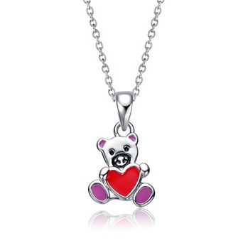 Kids' 14k White Gold Plated Enameled Heart Teddy Bear Pendant Necklace