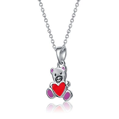 Kids' 14k White Gold Plated Enameled Heart Teddy Bear Pendant Necklace