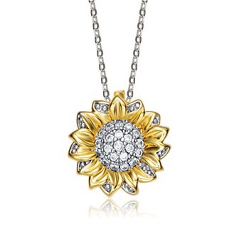 14k Gold Plated Two Tone Cubic Zirconia Sunflower Pendant Necklace