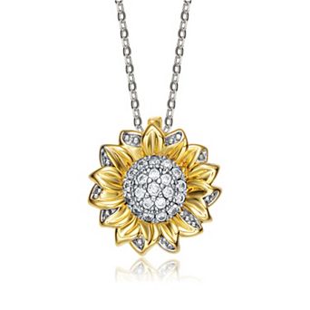 14k Gold Plated Two Tone Cubic Zirconia Sunflower Pendant Necklace