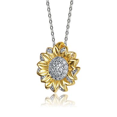 14k Gold Plated Two Tone Cubic Zirconia Sunflower Pendant Necklace