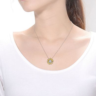 14k Gold Plated Two Tone Cubic Zirconia Sunflower Pendant Necklace