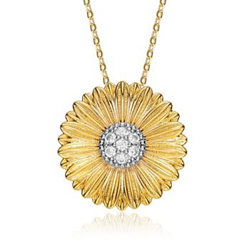 14k Gold Plated Cubic Zirconia Round Flower Pendant Necklace