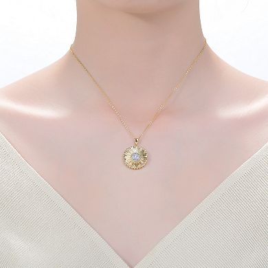 14k Gold Plated Cubic Zirconia Round Flower Pendant Necklace