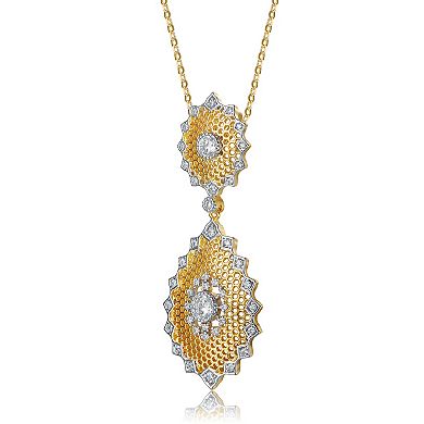 Two Tone 14k Gold Plated Cubic Zirconia Double Drop Pendant Necklace