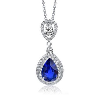 14k White Gold Plated Blue & White Cubic Zirconia Double Halo Pendant Necklace