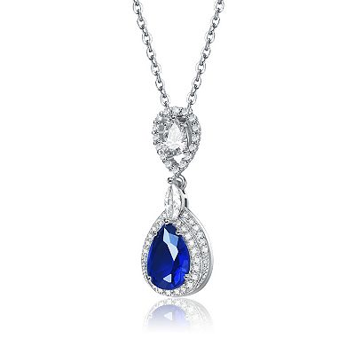 14k White Gold Plated Blue & White Cubic Zirconia Double Halo Pendant Necklace