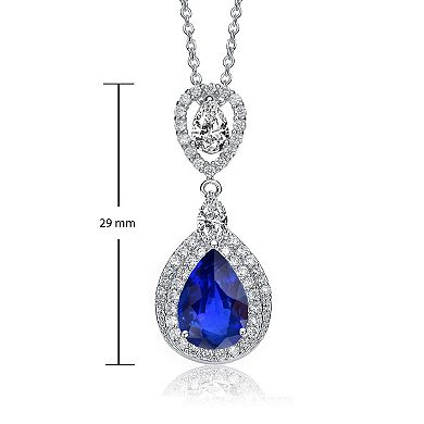 14k White Gold Plated Blue & White Cubic Zirconia Double Halo Pendant Necklace