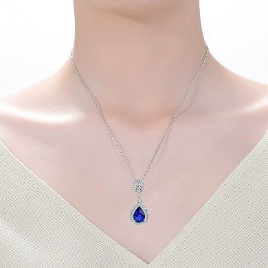 14k White Gold Plated Blue & White Cubic Zirconia Double Halo Pendant Necklace