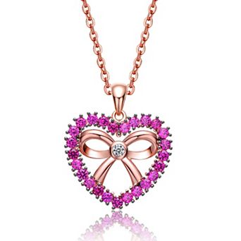 18k Rose Gold Plated Purple Cubic Zirconia Heart & Ribbon Pendant Necklace
