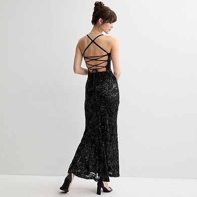 Juniors' Violet Weekend Sequin Pattern Strappy Gown