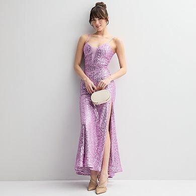Juniors' Violet Weekend Sequin Illusion Neckline Gown