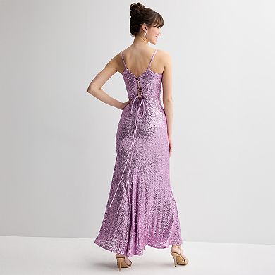 Juniors' Violet Weekend Sequin Illusion Neckline Gown