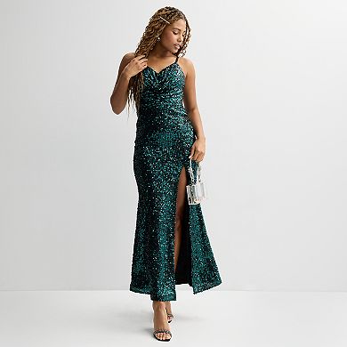 Juniors' Violet Weekend Sequin Side Slit Gown