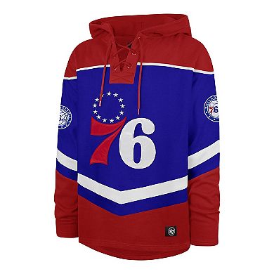 Men's '47 Royal Philadelphia 76ers Oversized Tri-Satin Layup Lacer Pullover Hoodie