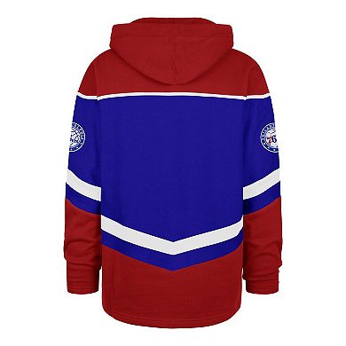 Men's '47 Royal Philadelphia 76ers Oversized Tri-Satin Layup Lacer Pullover Hoodie