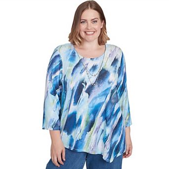 Plus Size Alfred Dunner Diagonal Brushstroke Top with Necklace