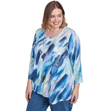 Plus Size Alfred Dunner Diagonal Brushstroke Top with Necklace